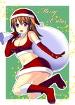  1girl bag boots breasts choker christmas cleavage earrings elbow_gloves female final_fantasy final_fantasy_iii full_body gloves hat jewelry kyoku_tou long_hair midriff miniskirt open_mouth orange_eyes orange_hair refia santa_costume santa_hat skirt solo sports_bra 