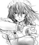  bangs greyscale highres izayoi_sakuya ledjoker07 monochrome solo touhou 