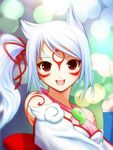  amaterasu animal_ears artist_request fang magatama okami ookami ookami_(game) personification red_eyes side_ponytail side_tail smile tattoo white_hair 
