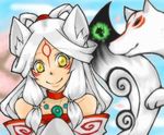  amaterasu animal animal_ears bare_shoulders bodypaint dual_persona goddess happy issun japanese_clothes jewelry long_hair lowres magatama md5_mismatch necklace ookami_(game) personification saharan_(sahara1212) smile tail white_hair wolf wolf_ears yellow_eyes 