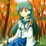  frog green_eyes green_hair hair_ornament japanese_clothes kochiya_sanae long_hair lowres ruu_(tksymkw) snake solo touhou 