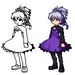  artist_progress darker_than_black full_body hair_ribbon lineart lowres niino pantyhose pink_eyes pixel_art ponytail purple_skirt ribbon silver_hair skirt standing transparent_background white_hair yin 