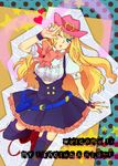  blonde_hair blue_eyes cowboy_hat dress earrings hat heart jewelry long_hair macross macross_frontier macross_frontier:_itsuwari_no_utahime one_eye_closed sheryl_nome single_earring solo thighhighs tmsk western 