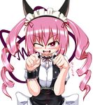  akiha_rumiho animal_ears blush breast_squeeze breasts cat_ears curly_hair drill_hair fangs headdress large_breasts maid neck_ribbon one_eye_closed pink_hair red_eyes ribbon solo steins;gate twintails wrist_cuffs zero_hime 