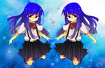  bad_id bad_pixiv_id blue_hair bow bowtie furude_rika hemo higurashi_no_naku_koro_ni long_hair purple_eyes school_uniform skirt smile solo symmetry translated 