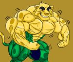  anthro biceps big_muscles biting_lip black_eyes bulge feline flexing fur ginga green_fur hrrb hyper hyper_muscles jaguar male mammal mascot multicolored_fur muscular muscular_male olympics ripped-saurian simple_background solo spots spotted_fur two_tone_fur yellow_fur 