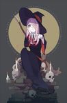 book book_stack broom brown_hair candle expressionless hair_over_one_eye hand_on_own_cheek hat highres little_witch_academia long_hair melting pale_skin pink_hair red_eyes simple_background sitting skull solo sucy_manbavaran wand wax witch witch_hat xenos 