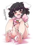  animal_ears barefoot black_hair bottomless bunny_ears bunny_tail cum cum_on_body cum_on_lower_body cumdrip feet inaba_tewi jewelry navel pendant red_eyes short_hair sitting soles solo sweat tail toes touhou yuuki_(yuyuki000) 