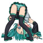  all_fours armpits artist_apprentice ass bent_over blush boots detached_sleeves from_behind green_eyes green_hair hatsune_miku long_hair looking_back looking_through_legs necktie panties shirt skirt sleeveless sleeveless_shirt solo striped striped_panties thigh_boots thighhighs twintails underwear upside-down vocaloid 