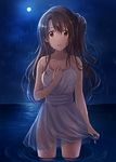  brown_eyes brown_hair dress dress_tug highres idolmaster idolmaster_cinderella_girls long_hair looking_at_viewer one_side_up see-through serino_itsuki shimamura_uzuki shine!! solo wading wet wet_clothes wet_dress wet_hair 