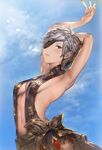  aos armpits arms_up blue_background breasts brown_eyes cleavage eyepatch granblue_fantasy highres medium_breasts navel short_hair sideboob silver_hair solo tanya_(granblue_fantasy) 
