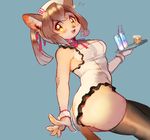  animal_ears bad_id bad_pixiv_id breasts brown_hair cat_ears cleavage cup drink fang frills fur furry holding hotomura_(muramura69) open_mouth original simple_background sleeveless solo tail thighhighs tray twisted_torso wrist_cuffs yellow_eyes 