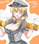  adapted_costume alcohol anchor_hair_ornament beer beer_mug blonde_hair blush breasts camouflage cleavage cup dirndl dress german_clothes hair_ornament hat holding holding_cup kantai_collection large_breasts long_hair looking_at_viewer mikagami_sou oktoberfest open_mouth peaked_cap prinz_eugen_(kantai_collection) remodel_(kantai_collection) sketch smile solo twintails underbust 