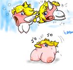  areolae blonde_hair blue_eyes blush breasts cheep_cheep embarrassed flying_sweatdrops hasunalu large_areolae large_breasts looking_at_viewer mario_(series) nipples open_mouth princess_peach super_mario_bros. tears tiara transformation what wings 