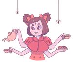  anthro arachnid arthropod black_eyes black_hair blush clothing doughnut dress fangs female feral food grey_skin hair hair_bow lilykisses monster muffet multi_limb multiple_eyes plate smile solo_focus spider tea_cup tea_pot undertale 