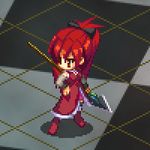  animated animated_gif bare_shoulders boots bow detached_sleeves hair_bow hand_on_hip long_hair lowres magical_girl mahou_shoujo_madoka_magica niwatori_takeshi pixel_art polearm ponytail red_eyes red_footwear red_hair sakura_kyouko spear weapon 