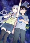  1girl arm_up binoculars black_legwear book cup d: denim denim_skirt hand_on_own_chest kannagi long_hair mikuriya_jin mug nagi open_mouth pants purple_eyes shirt side-by-side silver_hair skirt sky star_(sky) stargazing starry_sky t-shirt takenashi_eri thighhighs tied_shirt very_long_hair yellow_shirt zettai_ryouiki 