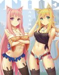  :o animal_ears belt black_legwear blonde_hair blush breasts cameltoe cat_ears cat_tail cleavage covered_nipples crossed_arms cutoffs green_eyes highres jewelry large_breasts long_hair midriff multiple_girls navel necklace no_panties open_fly original pink_hair purple_eyes shiny shiny_skin shirt short_shorts shorts skindentation smile sonikey0_0 tail tattoo thighhighs tied_shirt unbuckled_belt 