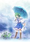  akashio_(loli_ace) alternate_hair_length alternate_hairstyle bare_shoulders belt_boots blue_umbrella boots brown_footwear cloud cloudy_sky detached_collar flower frog frog_hair_ornament gohei green_eyes green_hair hair_flower hair_ornament highres knee_boots kochiya_sanae long_sleeves open_mouth plant rain ribbon-trimmed_sleeves ribbon_trim shirt skirt sky snail snake_hair_ornament solo touhou tree umbrella wide_sleeves 