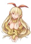  absurdres blonde_hair boa_constrictor breasts cleavage detached_sleeves frostcyco hair_tubes hairband head_tilt highres long_hair looking_at_viewer medium_breasts one_eye_closed orange_eyes original parted_lips personification scarf smile snake solo very_long_hair 