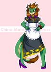  ambiguous_gender anthro apron bracelet brown_hair chinese_dress clothing dragon dress eastern_dragon facial_hair goatee hair hands_on_hips high_heels horn jewelry maid maid_uniform red_eyes shioinu solo 