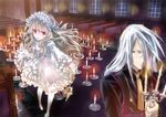  1girl albino blonde_hair candle church dress frilled_dress frills gothic_lolita hair_over_one_eye hairband highres kazumiya_akira lolita_fashion lolita_hairband long_hair looking_back necktie red_eyes shoujo_gensou_necrophilia silver_hair white_legwear yellow_eyes 