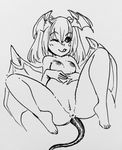  breasts demon_girl licking_lips looking_at_viewer monochrome monster_girl monster_girl_encyclopedia one_eye_closed pussy small_breasts tongue_out wings wink winking 