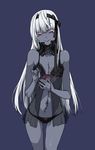 babydoll black_bow blue_background bow cowboy_shot grey_skin head_tilt injury long_hair looking_at_viewer original otearai panties pink_eyes ribbon seams simple_background smile solo standing stitches underwear very_long_hair white_hair zombie 