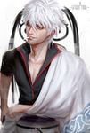  blurry brown_eyes cigarette gintama hadanugi_dousa japanese_clothes kimono long_sleeves lucha_cha male_focus sakata_gintoki short_sleeves silver_hair smile solo upper_body 