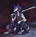  2015 anthro armor blood blue_eyes clothed clothing digitigrade eye_patch eyewear female looking_at_viewer melee_weapon sergal sitting solo sword weapon zerolativity 
