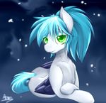  2012 absurd-res black_feathers blue_fur blue_hair butt english_text equine fan_character feathers female feral fur green_eyes hair hi_res larkdraws long_hair looking_at_viewer lying mammal my_little_pony nude pegasus smile solo star-chaser-ii text wings 
