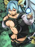  asymmetrical_wings bare_shoulders belly blue_hair blush boots breasts dizzy guilty_gear hair_ribbon kawacchi_hirohiro kneeling knees_together_feet_apart large_breasts long_hair magic navel open_mouth outstretched_arm red_eyes ribbon solo tail tail_ribbon thighhighs wings 