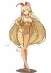  blonde_hair boa_constrictor breasts cleavage contrapposto detached_sleeves frostcyco full_body hair_tubes hand_on_hip highres leotard long_hair long_legs medium_breasts one_eye_closed orange_eyes original parted_lips personification smile snake solo standing very_long_hair yellow_leotard 