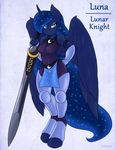  2015 ambris anthro anthrofied armor blue_eyes blue_fur blue_hair clothing equine female friendship_is_magic fur hair hi_res horn looking_at_viewer mammal melee_weapon my_little_pony princess_luna_(mlp) simple_background solo sword text weapon winged_unicorn wings 