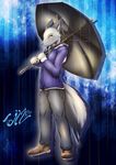  2015 anthro canine clothed clothing crying english_text footwear fur grey_fur hoodie male mammal pants raining sad shoes slit_pupils solo sweater tailzkim tears text umbrella water white_fur wolf yellow_eyes 