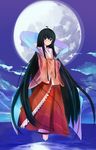  ahoge barefoot black_hair floating full_body full_moon highres hime_cut houraisan_kaguya japanese_clothes long_hair long_skirt moon ocean red_skirt rosen scarf skirt solo touhou very_long_hair 