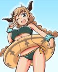  ;d adapted_costume bare_shoulders bikini braid breasts carmelina_(granblue_fantasy) covered_nipples cowboy_shot draph gradient gradient_background granblue_fantasy green_bikini green_eyes horns innertube ishimari large_breasts light_brown_hair long_hair navel one_eye_closed open_mouth side-tie_bikini smile solo swimsuit twin_braids underboob v wristband 