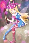  american_flag_dress american_flag_legwear blonde_hair blush clownpiece fairy_wings hat jester_cap long_hair looking_at_viewer moon nenosame open_mouth pantyhose print_legwear red_eyes short_sleeves sitting smile solo star striped striped_legwear touhou wings 