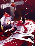  absurdres bad_id bad_pixiv_id baocaizi bare_shoulders bat_wings candle chain cross dress flower frills full_body hat hat_ribbon highres lavender_hair looking_at_viewer lying mob_cap on_side pantyhose petals red_eyes remilia_scarlet ribbon rose sash short_hair solo touhou white_legwear wings wrist_cuffs 