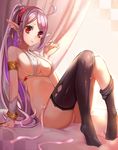  ahoge black_legwear bracelet breasts cleavage earrings hairband jewelry large_breasts minami_ikkei on_bed original panties pointy_ears ponytail purple_hair red_eyes sitting solo thighhighs underboob underwear white_panties 