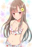  :t bikini brown_eyes brown_hair floral_print highres idolmaster idolmaster_cinderella_girls long_hair looking_at_viewer mizumoto_yukari pout print_bikini solo swimsuit toufuu 