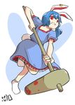  ambiguous_red_liquid animal_ears ankle_socks blue_dress blue_hair bunny_ears bunny_tail commentary dress ear_clip highres kapiten70 kine mallet puffy_short_sleeves puffy_sleeves red_eyes seiran_(touhou) short_hair short_sleeves socks solo tail touhou 