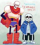  armor blush bone boots brothers clothing dialogue duo english_text fooshfoosh footwear gloves hand_on_hip jacket male not_furry papyrus_(undertale) sans_(undertale) sibling skeleton smile sweat text undertale 