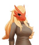  2016 anthro avian big_breasts blaziken blue_eyes breasts clothed clothing digital_media_(artwork) eyewear female glasses hair long_hair looking_at_viewer mammal manene nintendo pok&eacute;mon pok&eacute;mon_(species) simple_background smile solo sweater video_games yellow_sclera 