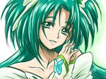  akimoto_komachi arm_warmers arudebido bare_shoulders cure_mint dress earrings eyelashes fingerless_gloves gloves green_eyes green_hair hair_ornament happy jewelry long_hair looking_at_viewer magical_girl precure sketch smile solo yes!_precure_5 