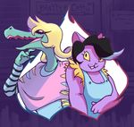  &lt;3 :3 anthro black_hair blonde_hair blue_hair bratty_(undertale) breasts cat catty_(undertale) cleavage clothed clothing crocodile duo dynjir english_text fangs feline female fur hair mammal multicolored_hair open_mouth pink_eyes purple_fur purple_hair reptile scalie text tongue undertale yellow_eyes 