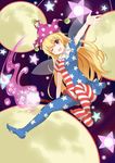  american_flag_dress american_flag_legwear blonde_hair blush chongjing clownpiece fairy_wings full_body hat highres jester_cap long_hair looking_at_viewer moon one_eye_closed open_mouth outstretched_arm pantyhose print_legwear short_sleeves smile solo star star-shaped_pupils striped striped_legwear symbol-shaped_pupils touhou wings 