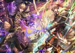  aozi_seizi armor armored_boots blonde_hair book boots bow_(weapon) brown_eyes brynhildr_(tome) cape fire_emblem fire_emblem_cipher fire_emblem_if fuujin_yumi gloves grey_hair horse leaf leon_(fire_emblem_if) long_hair multiple_boys official_art open_mouth takumi_(fire_emblem_if) weapon yumi_(bow) 