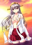  akino_shin black_hair breasts brown_eyes cleavage collarbone detached_sleeves haruna_(kantai_collection) headgear kantai_collection large_breasts long_hair looking_at_viewer nontraditional_miko open_clothes parted_lips red_skirt skirt solo sparkle sunset wading water wide_sleeves 
