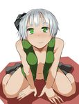  bare_shoulders black_legwear blush bob_cut bottomless breasts collarbone daitoutei green_eyes hair_ribbon konpaku_youmu leaning_forward looking_at_viewer naked_shirt naked_vest navel open_clothes open_vest partially_undressed ribbon shirt short_hair silver_hair sitting small_breasts smile socks solo touhou vest wariza 